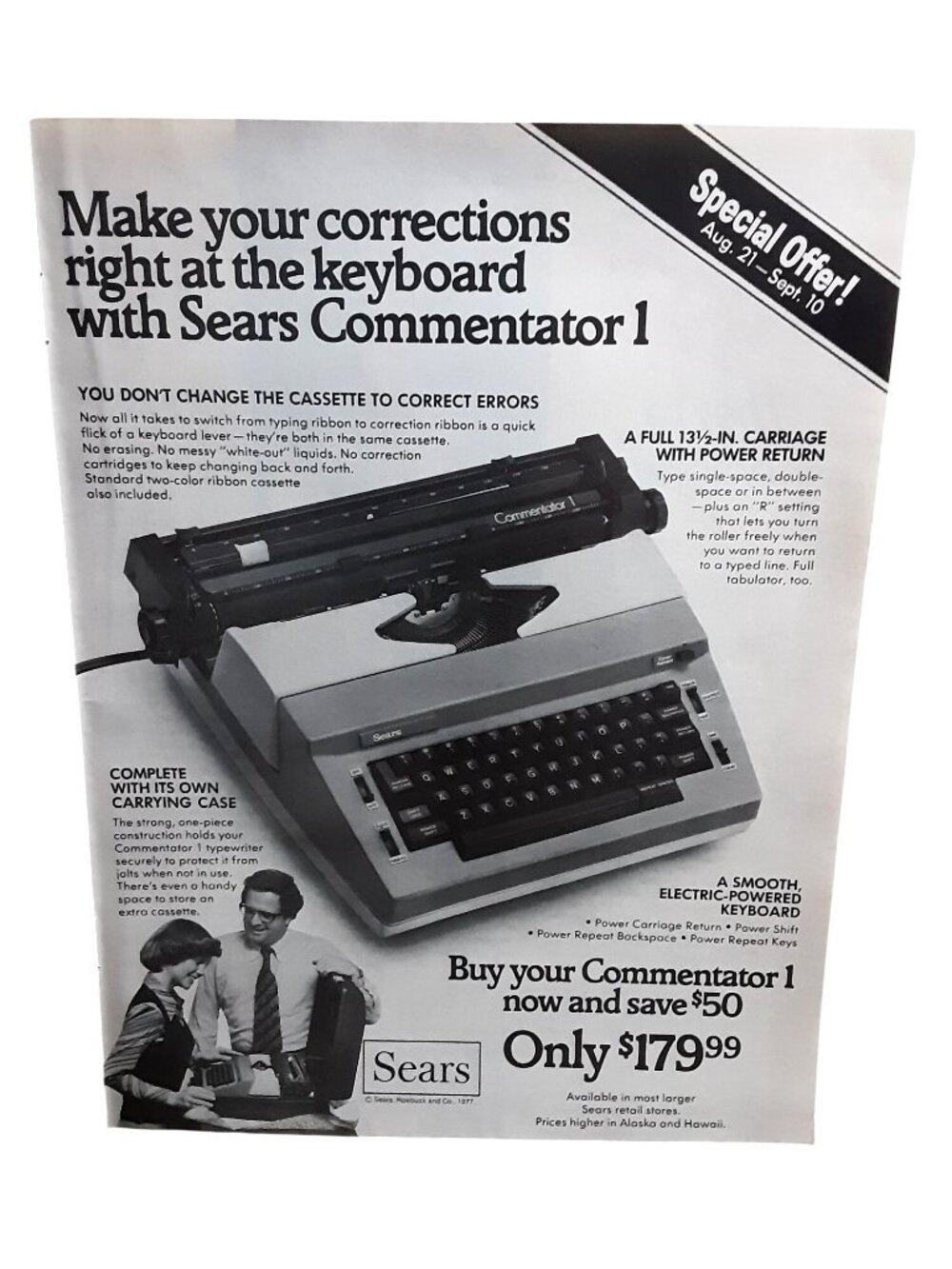 1977 Sears Commentator 1 Typewriter Ad Electric Typewriter Office Print